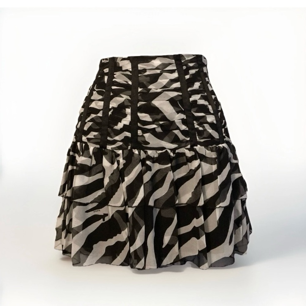 Bebe Silk Womens Zebra Print Mini Skirt Tiered Black White Size 4